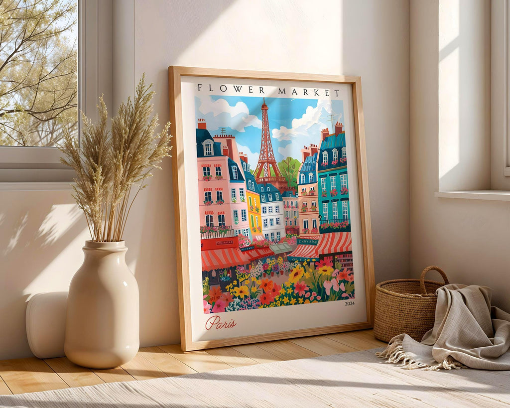 Paris Flower Market Poster | Eiffel Tower Vintage Travel Print wall art print, modern home decor, unframed artwork by Nomad & Nest