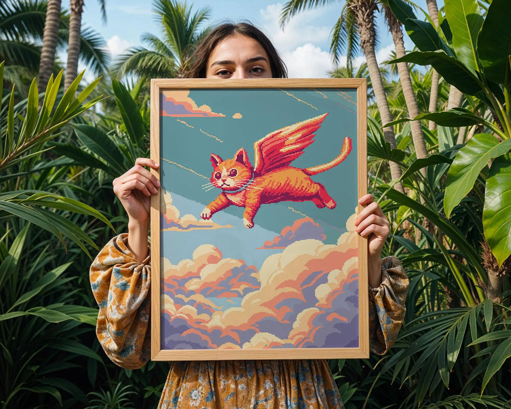 Flying Cat Pixel Art Print | Whimsical Angel Wings Poster wall art print, modern home decor, unframed artwork by Nomad & Nest