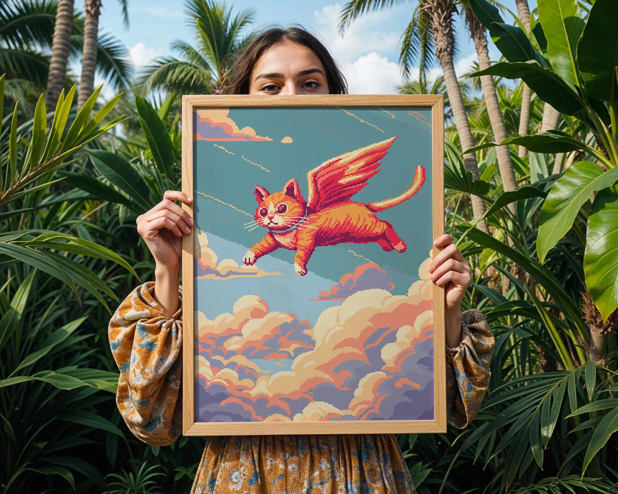 Flying Cat Pixel Art Print | Whimsical Angel Wings Poster wall art print, modern home decor, unframed artwork by Nomad & Nest