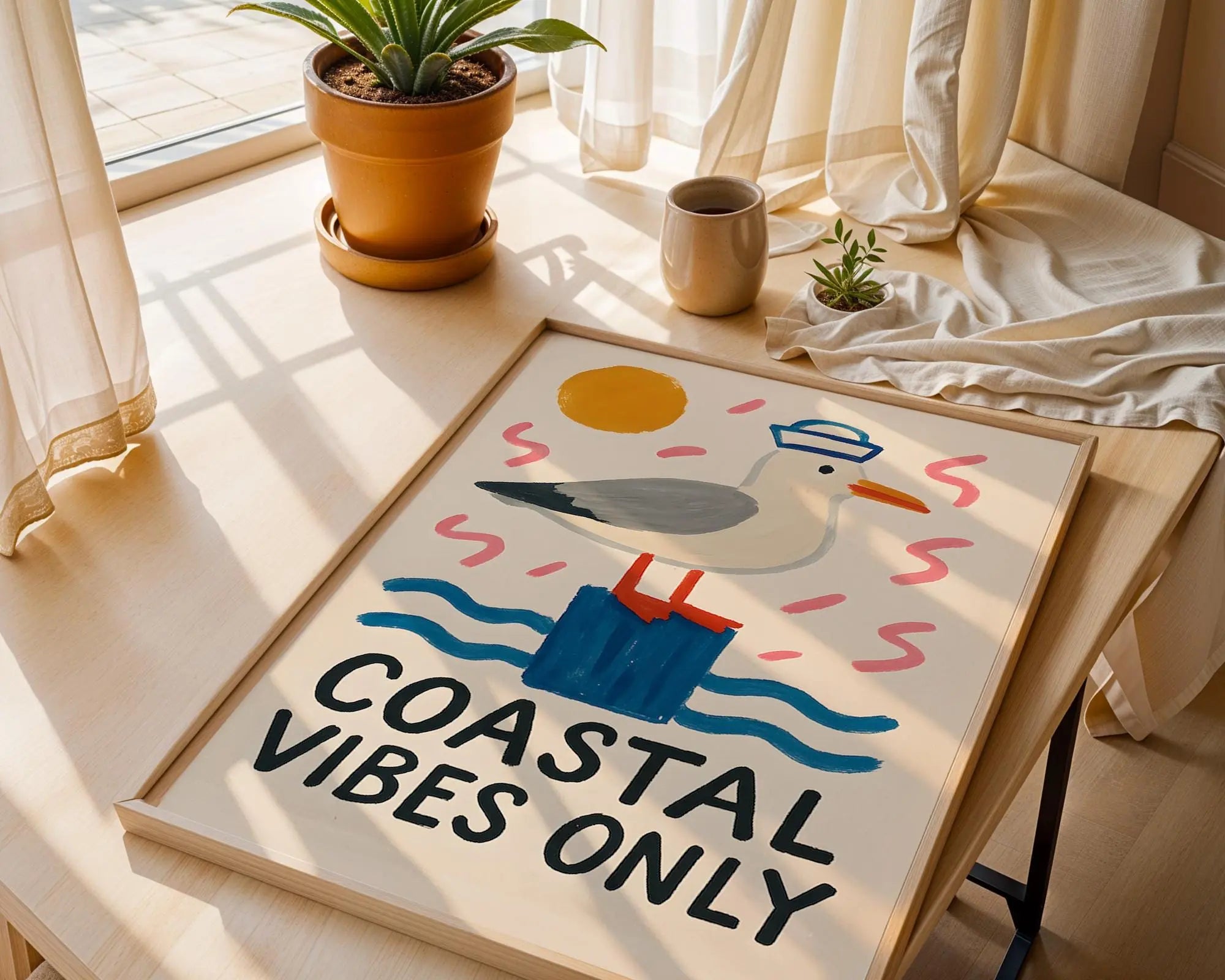 Positive Emotion | Coastal Vibes Only Wall Art | Playful Seagull Illustration | Beach House Deco wall art print, modern home decor, unframed artwork by Nomad & Nest