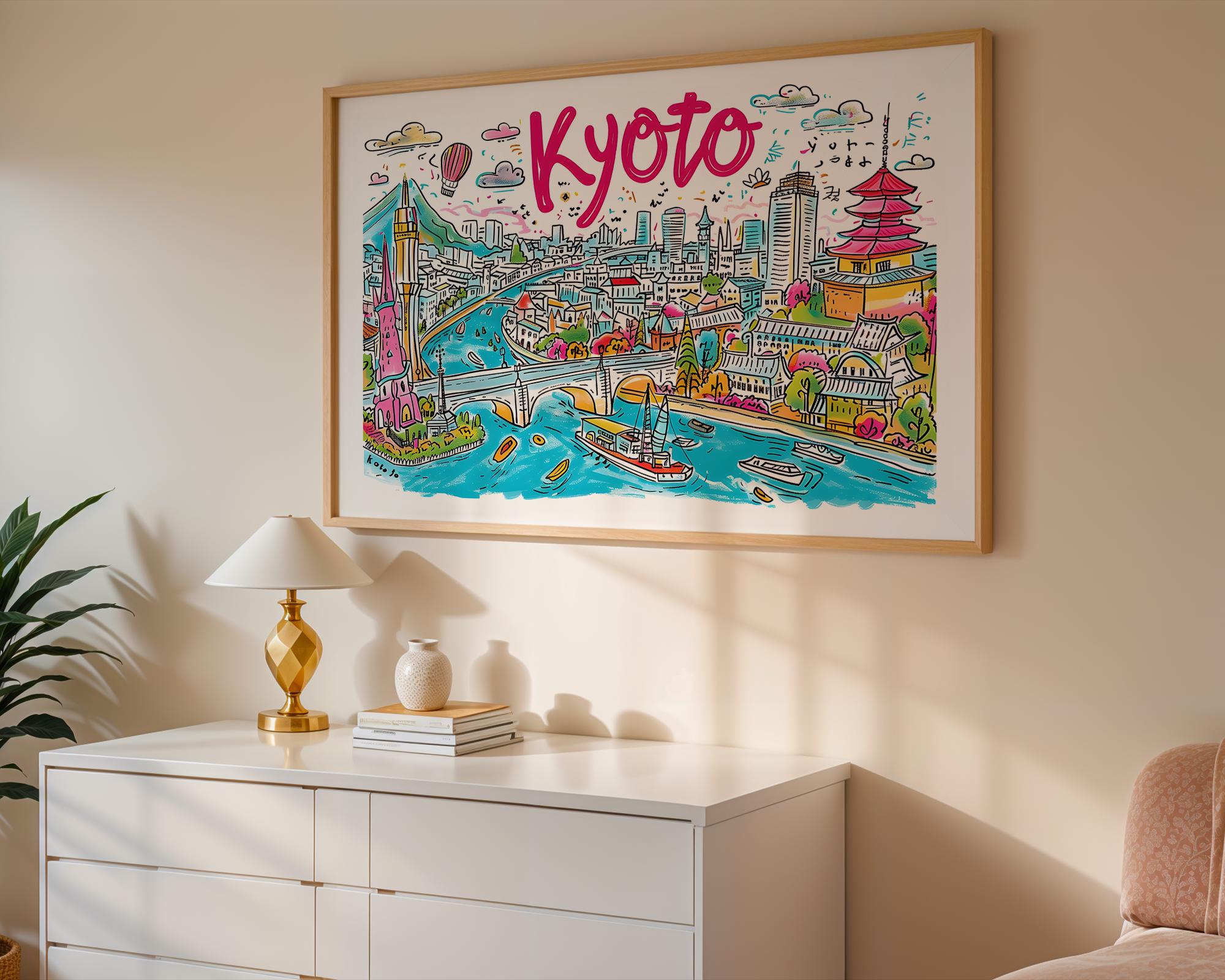 Kyoto Japan Cityscape Art Print | Colorful Travel Poster wall art print, modern home decor, unframed artwork by Nomad & Nest