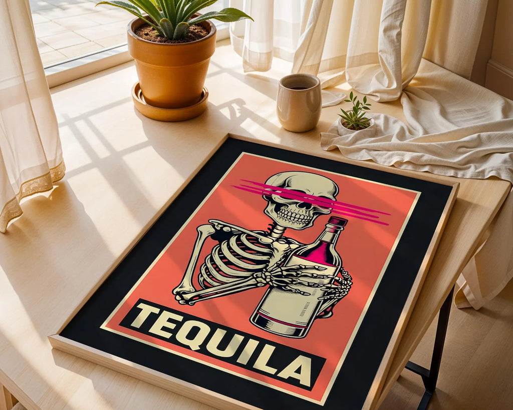Positive Emotion | Tequila Skeleton Wall Art | Funny Drinking Poster | Bold Retro Bar Decor wall art print, modern home decor, unframed artwork by Nomad & Nest