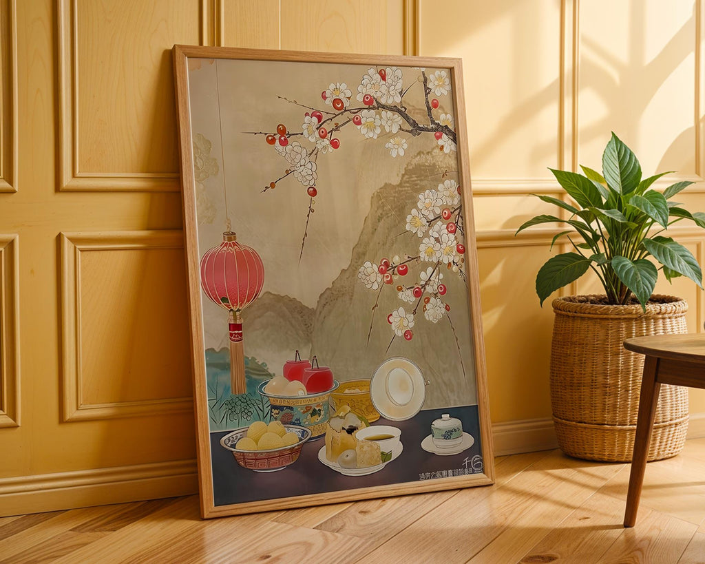 Oriental Tea Ceremony Print | Cherry Blossom, Lanterns Asian Wall Art wall art print, modern home decor, unframed artwork by Nomad & Nest