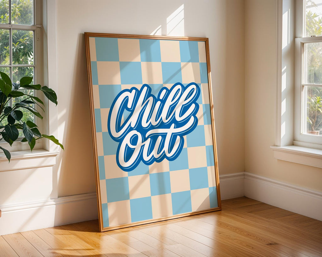 Chill Out Checkered Print | Groovy Blue Beige Retro Wall Art wall art print, modern home decor, unframed artwork by Nomad & Nest