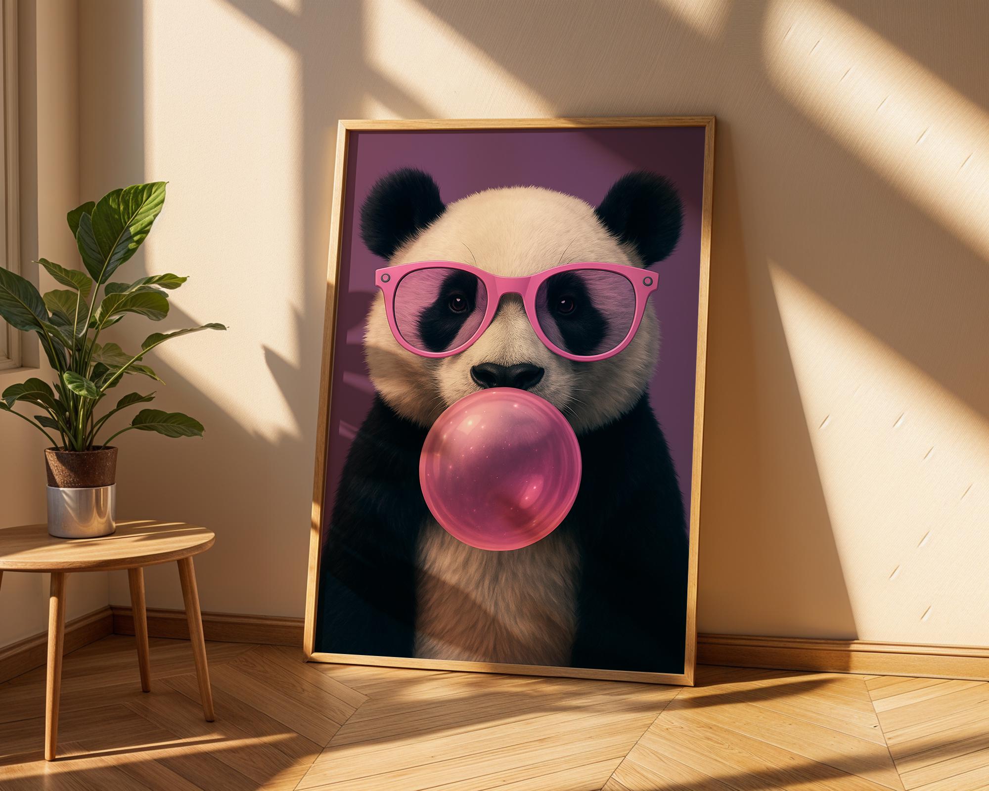 Colourful Prints | Funky Panda Bubblegum Print | Pink Glasses, Pop Art Vibes wall art print, modern home decor, unframed artwork by Nomad & Nest