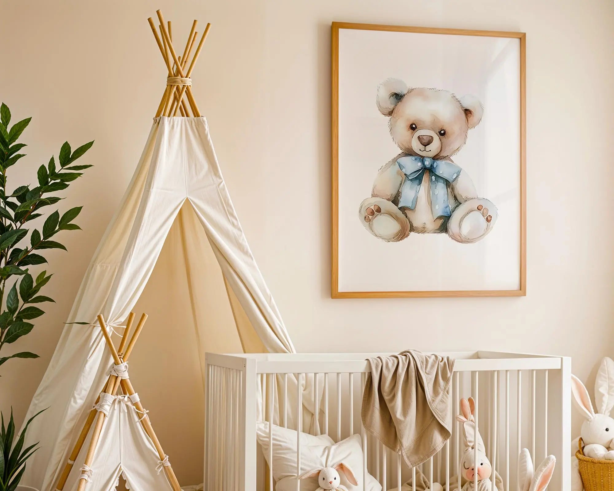 Playroom Ideas | Blue Bow Teddy Bear Nursery Art – Classic Baby Room Print wall art print, modern home decor, unframed artwork by Nomad & Nest
