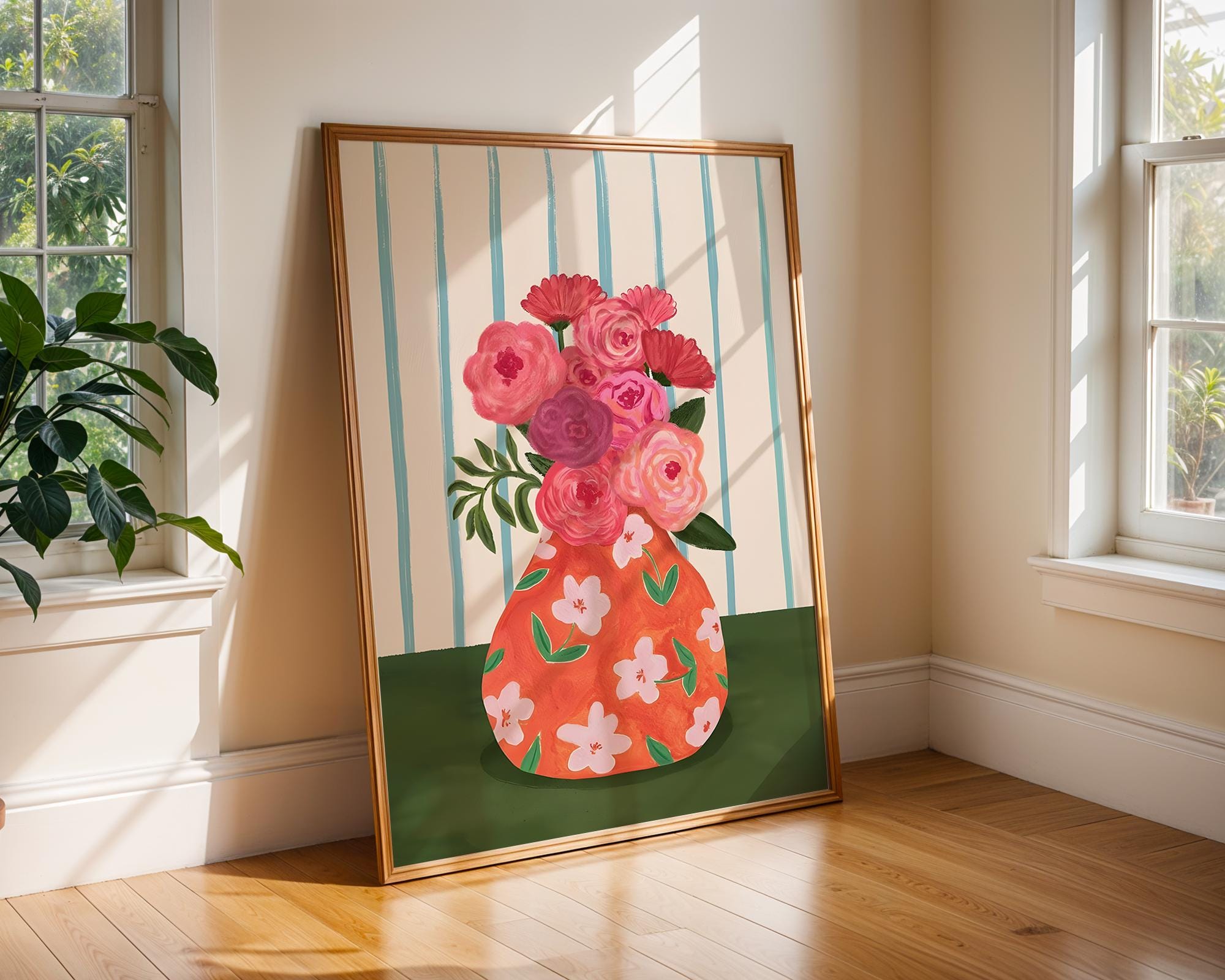 Floral Vase Art Print | Pink Flowers, Orange Pattern (Unframed) wall art print, modern home decor, unframed artwork by Nomad & Nest