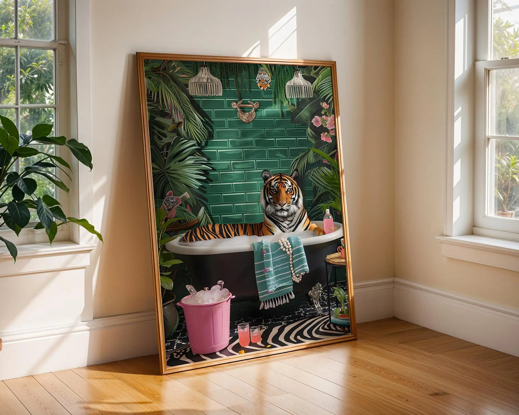 Colourful Prints | Tiger in Bathtub Art Print | Jungle Bathroom Poster wall art print, modern home decor, unframed artwork by Nomad & Nest
