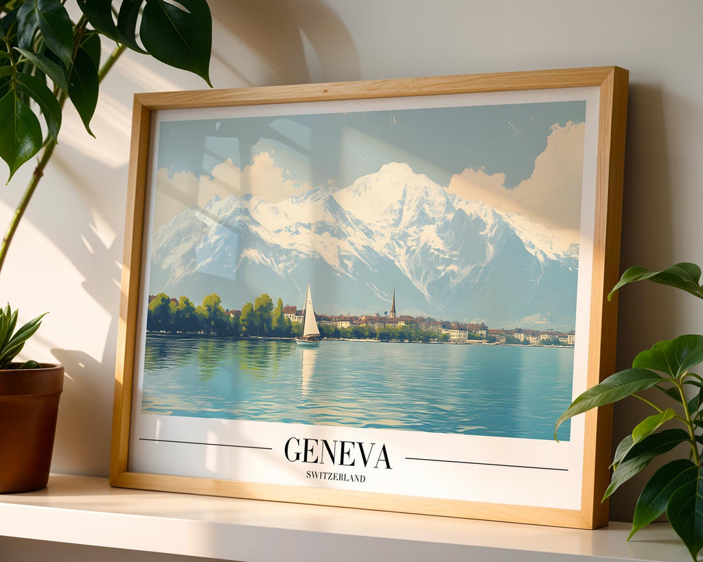 Lake Geneva Vintage Travel Poster | Snowy Alps Art Print wall art print, modern home decor, unframed artwork by Nomad & Nest