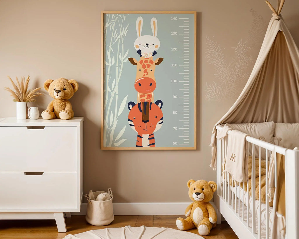 Playroom Ideas | Animal Height Chart Nursery Print | Giraffe Tiger Bunny wall art print, modern home decor, unframed artwork by Nomad & Nest