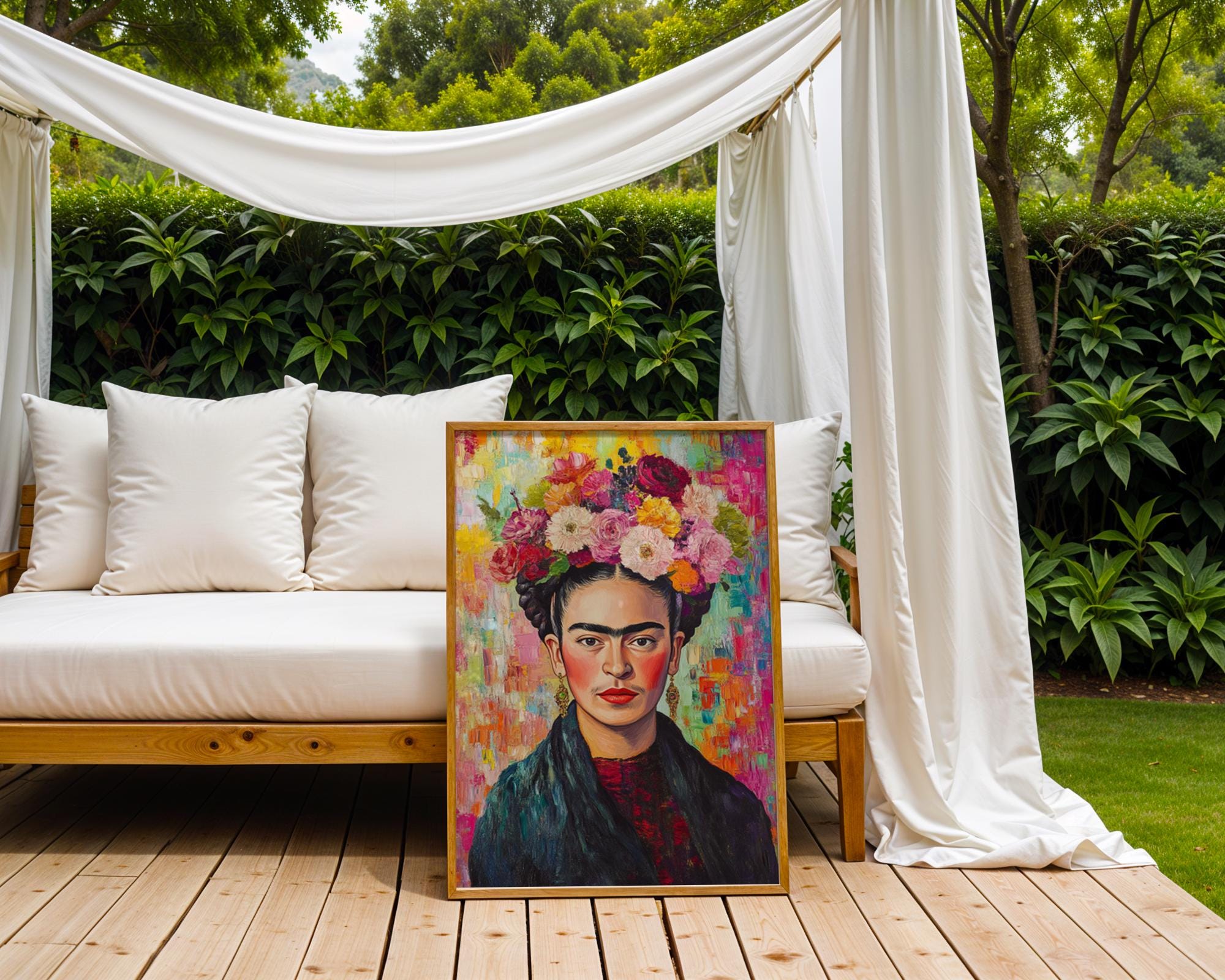 Frida Kahlo Portrait Print | Colourful Floral Crown, Impasto Texture wall art print, modern home decor, unframed artwork by Nomad & Nest