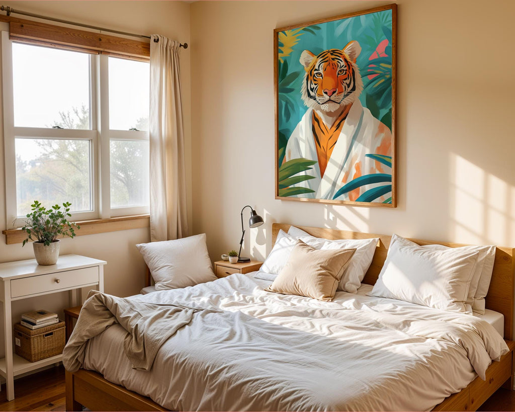 Tropical Tiger Print | Quirky Animal Robe Art wall art print, modern home decor, unframed artwork by Nomad & Nest