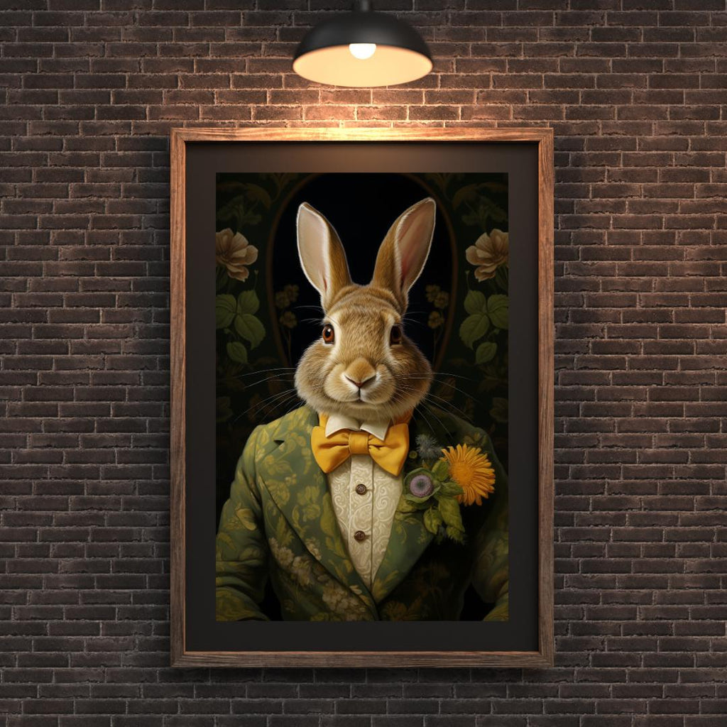 Dapper Rabbit Art Print – Whimsical Animal Portrait in Floral Suit wall art print, modern home decor, unframed artwork by Nomad & Nest