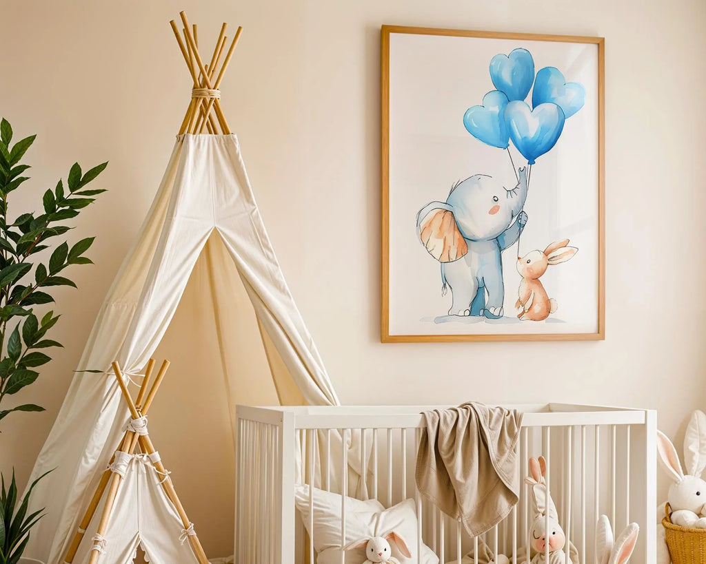 Playroom Ideas | Elephant Balloons Nursery Art | Soft Safari Baby Print wall art print, modern home decor, unframed artwork by Nomad & Nest