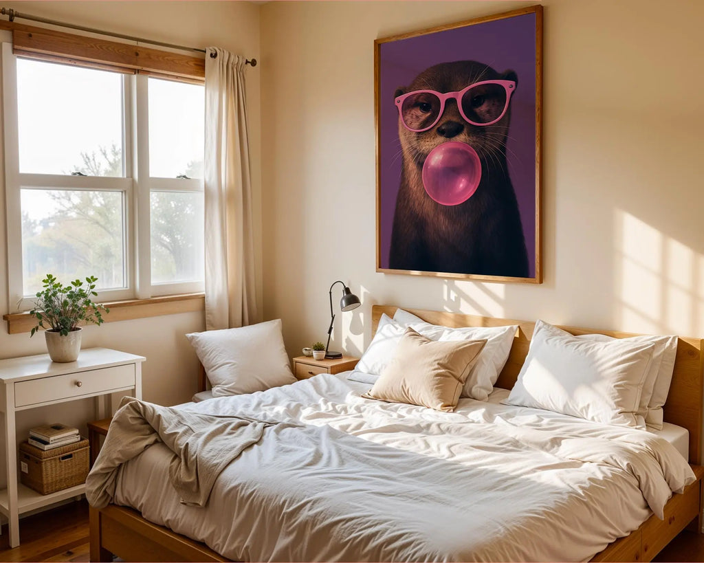 Colourful Prints | Otter Bubblegum Art Print | Funky Animal with Pink Glasses wall art print, modern home decor, unframed artwork by Nomad & Nest