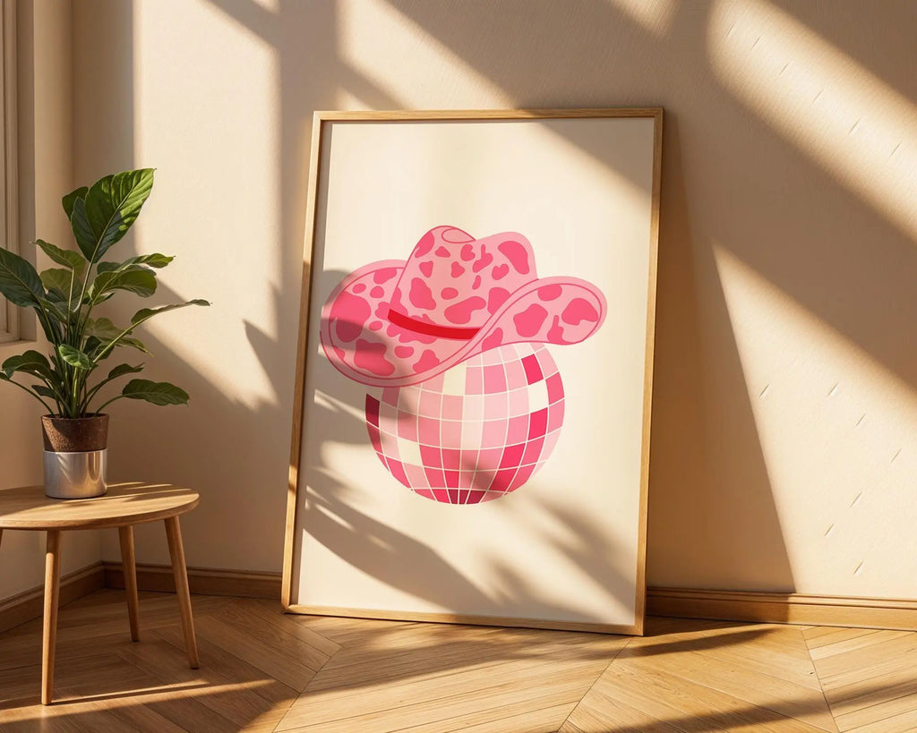 Pink Disco Ball Cowboy Hat Print | Retro Cowgirl Wall Art wall art print, modern home decor, unframed artwork by Nomad & Nest