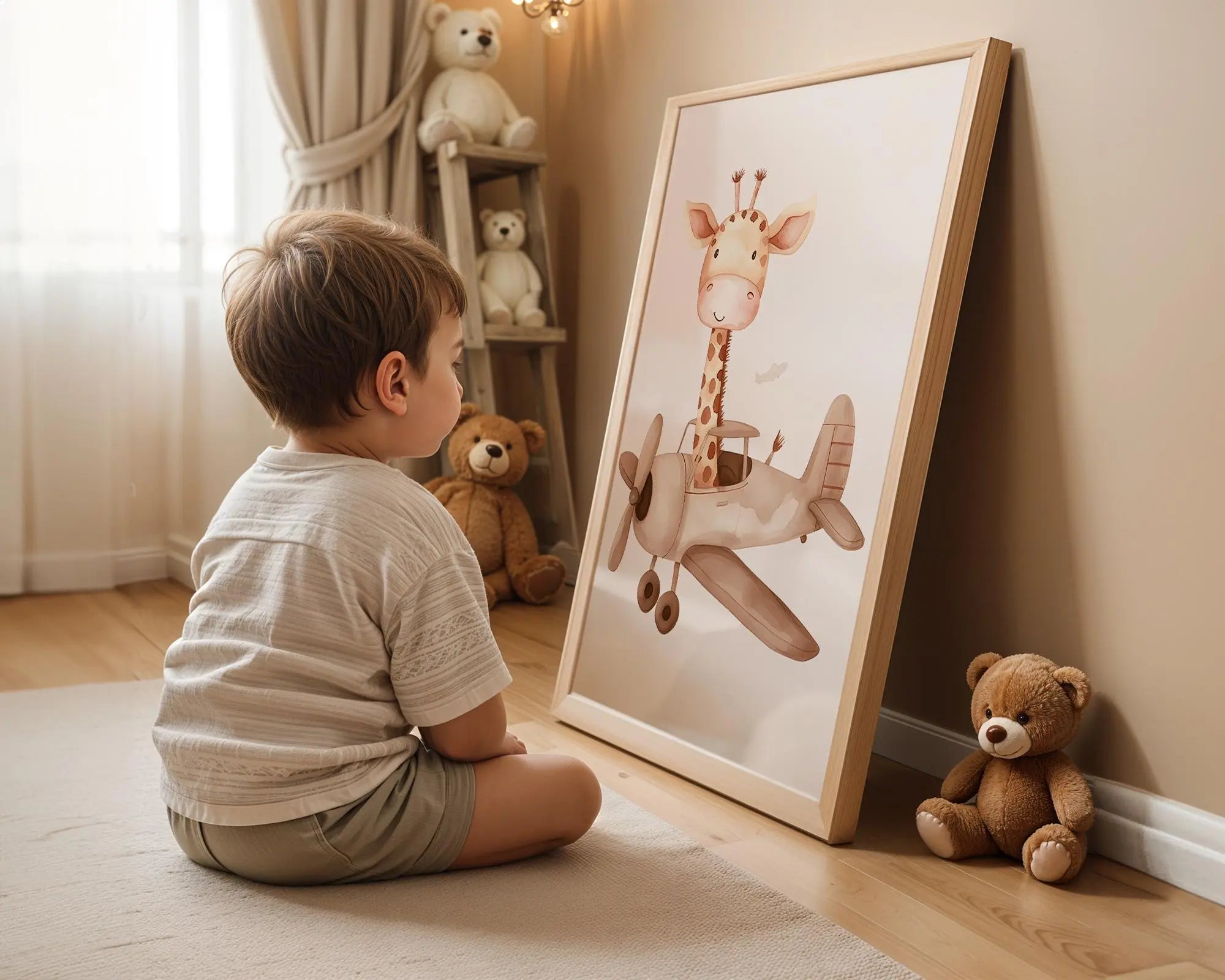 Playroom Ideas | Giraffe Airplane Nursery Print | Adventure Baby Decor wall art print, modern home decor, unframed artwork by Nomad & Nest