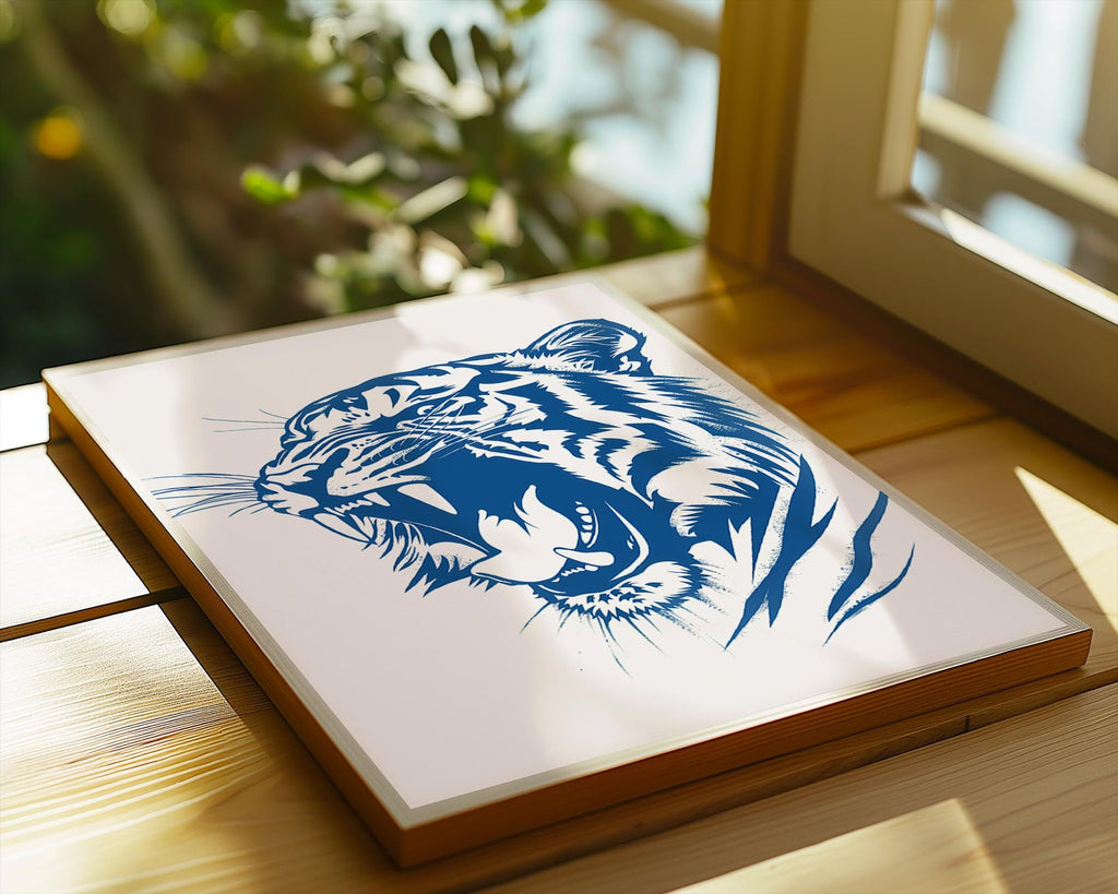 Deep Blue Roaring Tiger Print, Bold Animal Poster wall art print, modern home decor, unframed artwork by Nomad & Nest