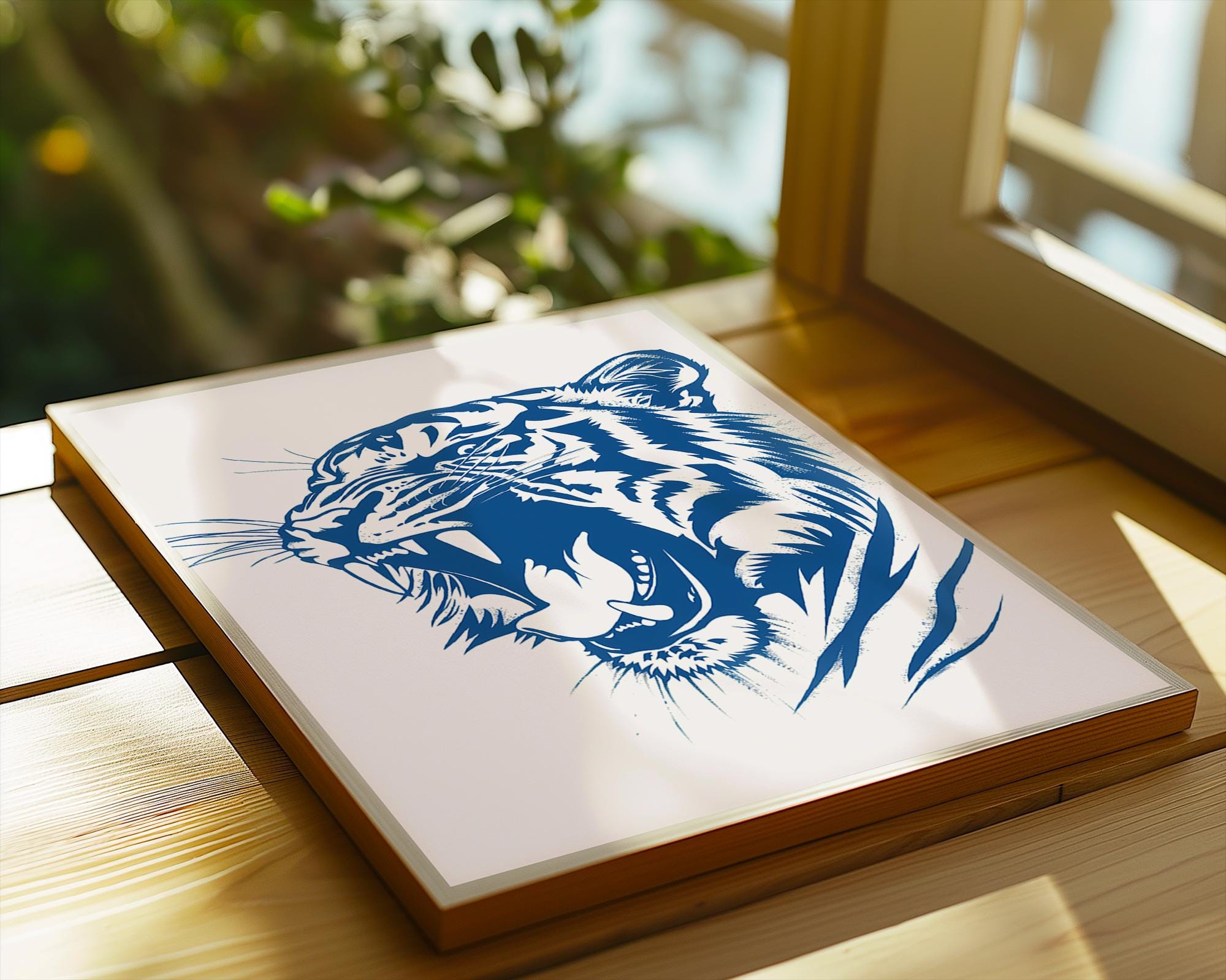 Deep Blue Roaring Tiger Print, Bold Animal Poster wall art print, modern home decor, unframed artwork by Nomad & Nest