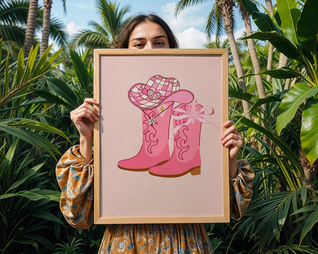 Pink Cowgirl Boots Art Print | Barbiecore Western Poster wall art print, modern home decor, unframed artwork by Nomad & Nest