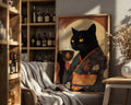 Japanese Poster | Black Cat Kimono Print – Coffee Lover Vintage Feline Art wall art print, modern home decor, unframed artwork by Nomad & Nest