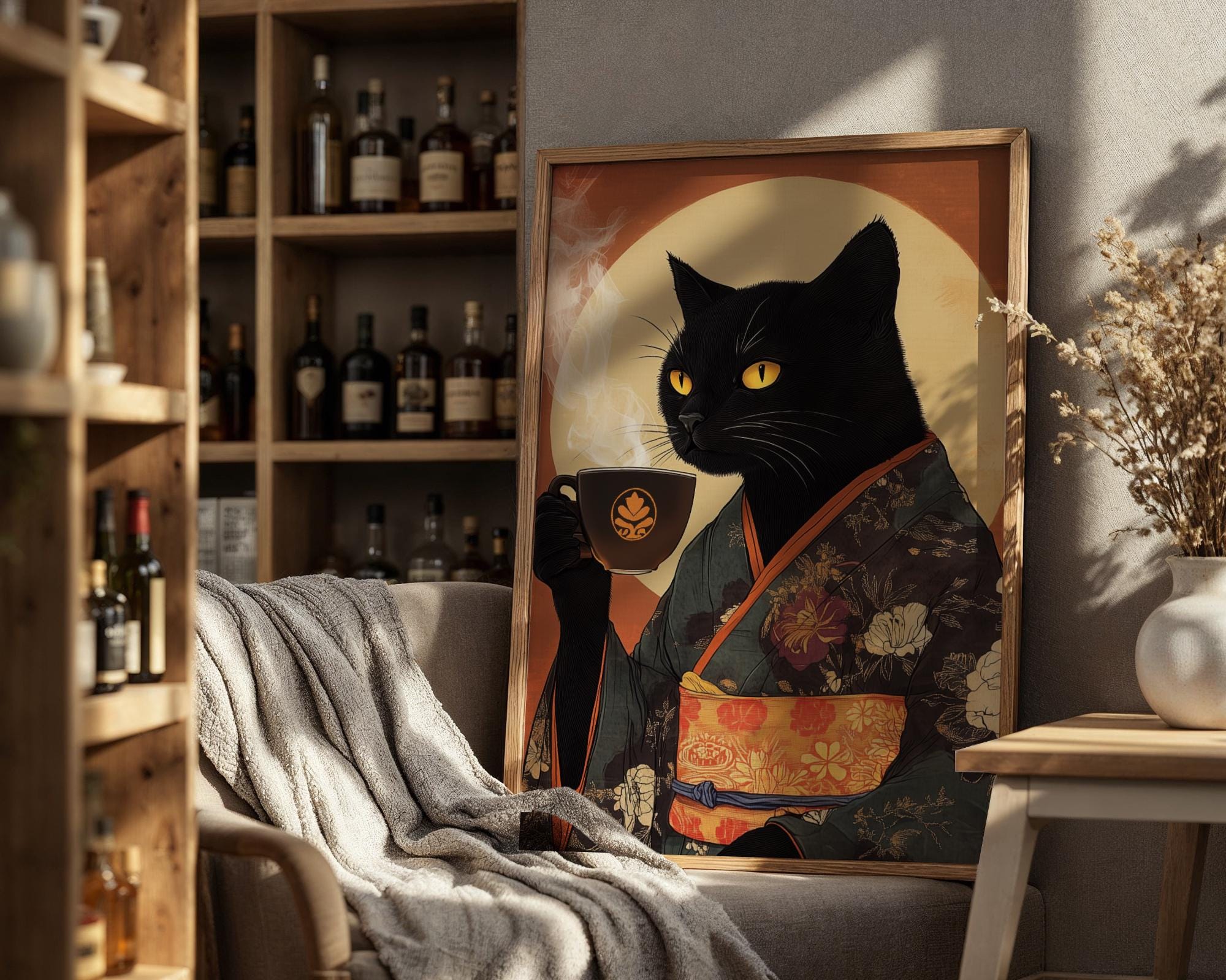 Japanese Poster | Black Cat Kimono Print – Coffee Lover Vintage Feline Art wall art print, modern home decor, unframed artwork by Nomad & Nest