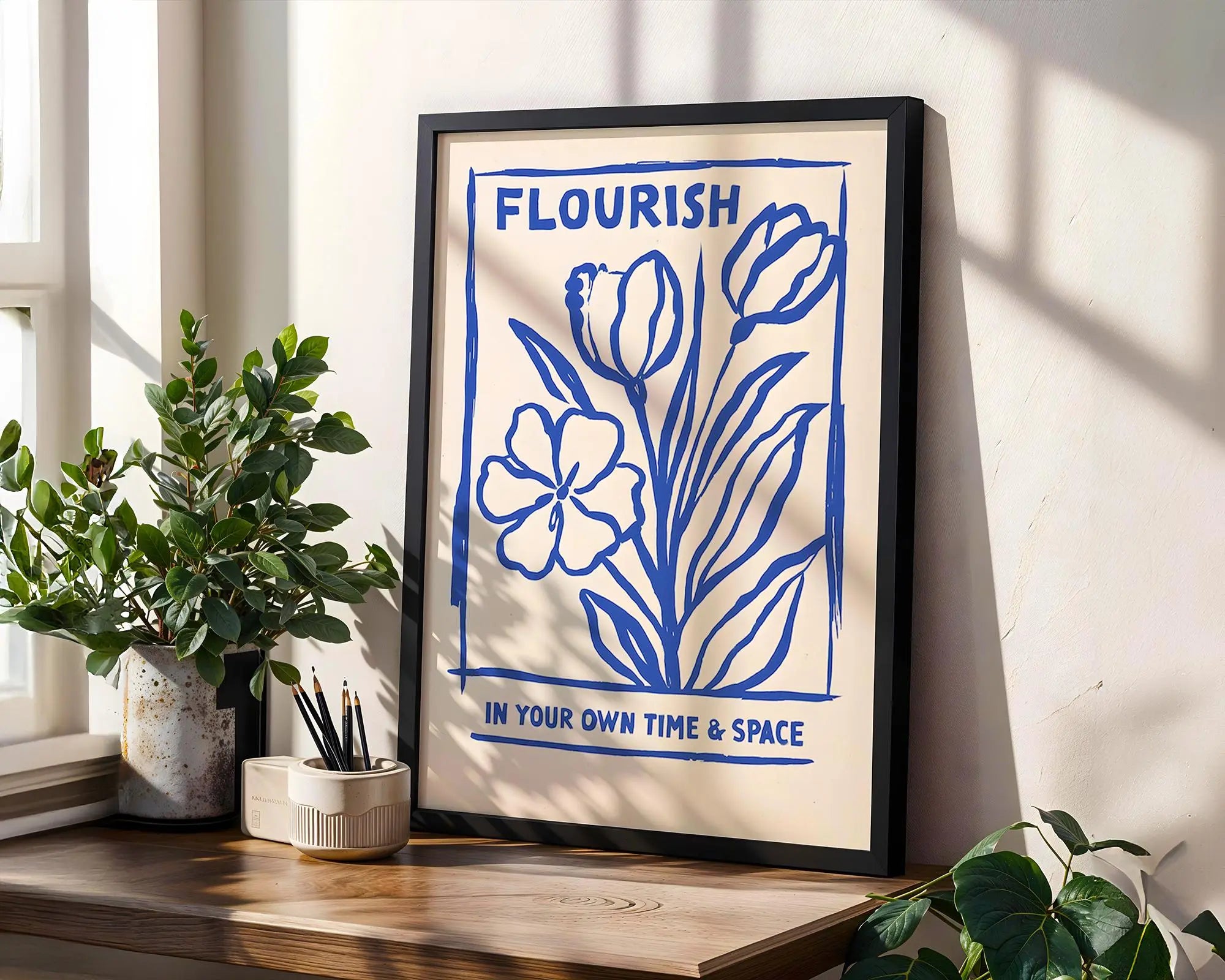 Blue Botanical Line Art Print – Modern Floral Wall Decor wall art print, modern home decor, unframed artwork by Nomad & Nest