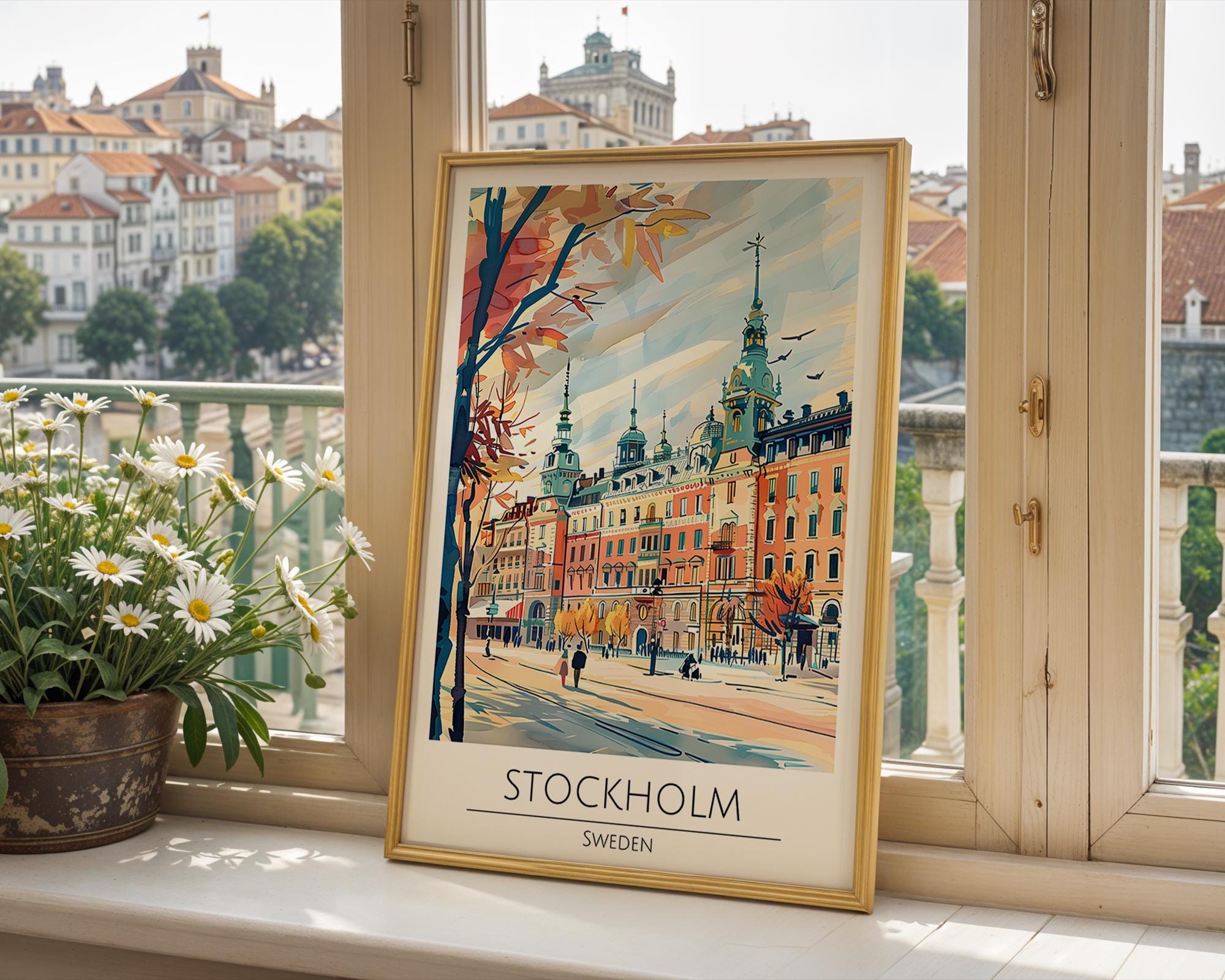 Stockholm Sweden Print | Colorful Nordic Cityscape, Autumn Street wall art print, modern home decor, unframed artwork by Nomad & Nest