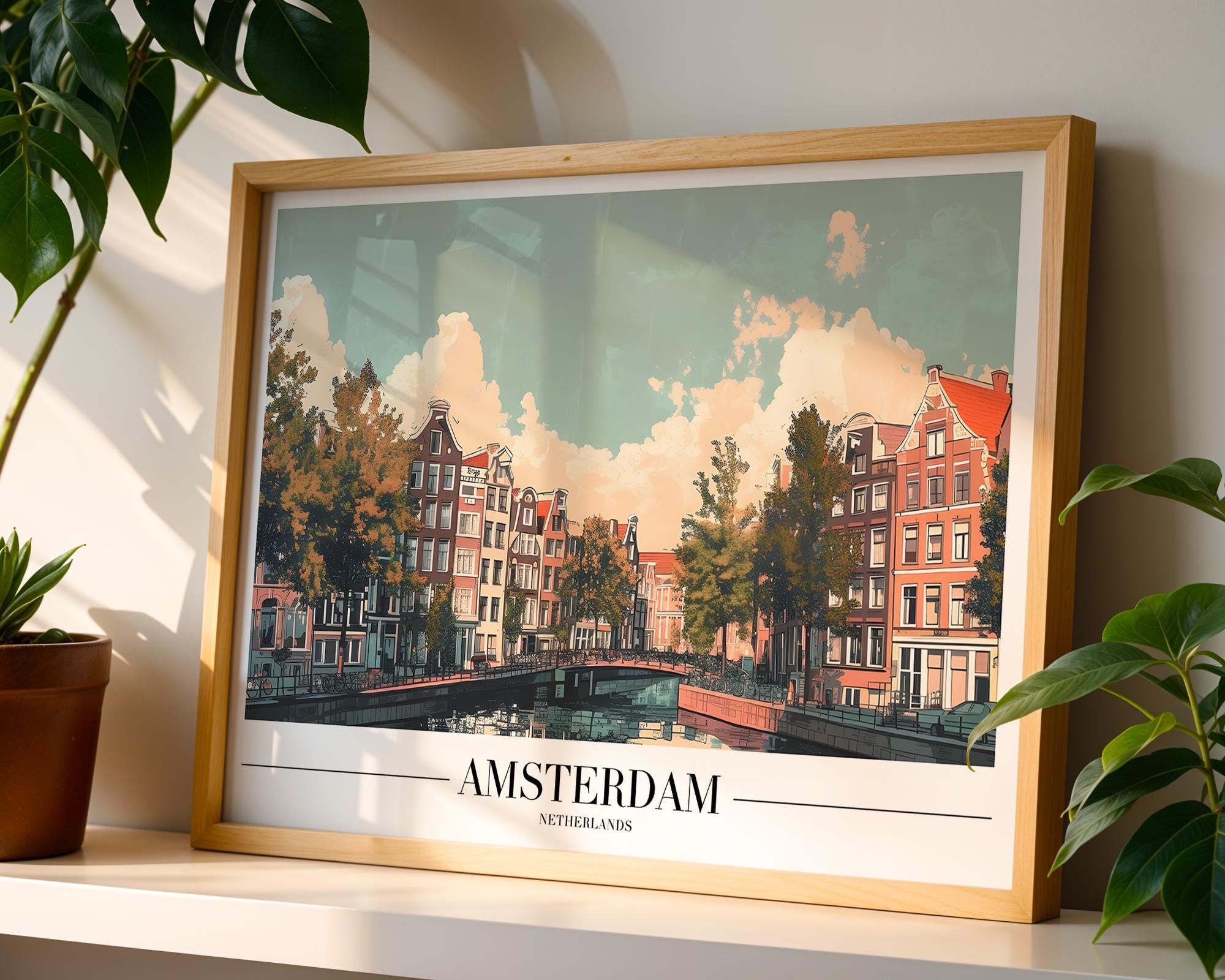 Amsterdam Canal Vintage Travel Poster | Dutch Cityscape Art Print wall art print, modern home decor, unframed artwork by Nomad & Nest