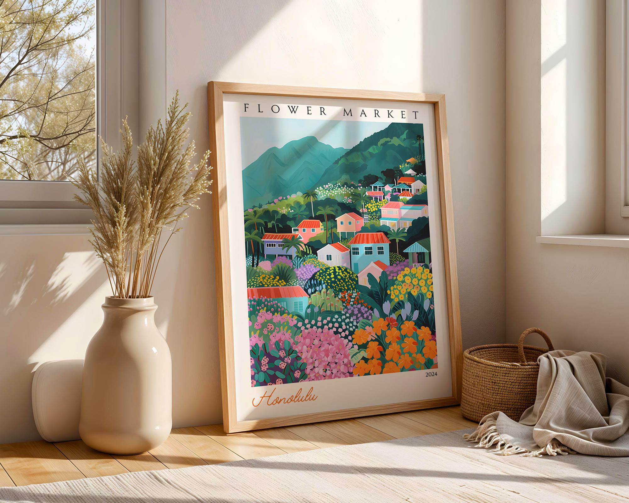 Honolulu Flower Market Print | Vintage Hawaiian Travel Poster wall art print, modern home decor, unframed artwork by Nomad & Nest