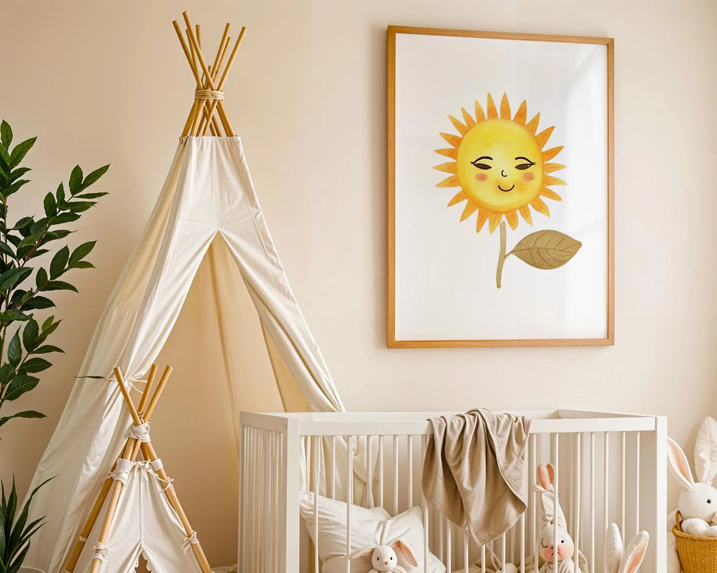 Playroom Ideas | Sunflower Face Nursery Wall Art Cheerful Baby Decor wall art print, modern home decor, unframed artwork by Nomad & Nest