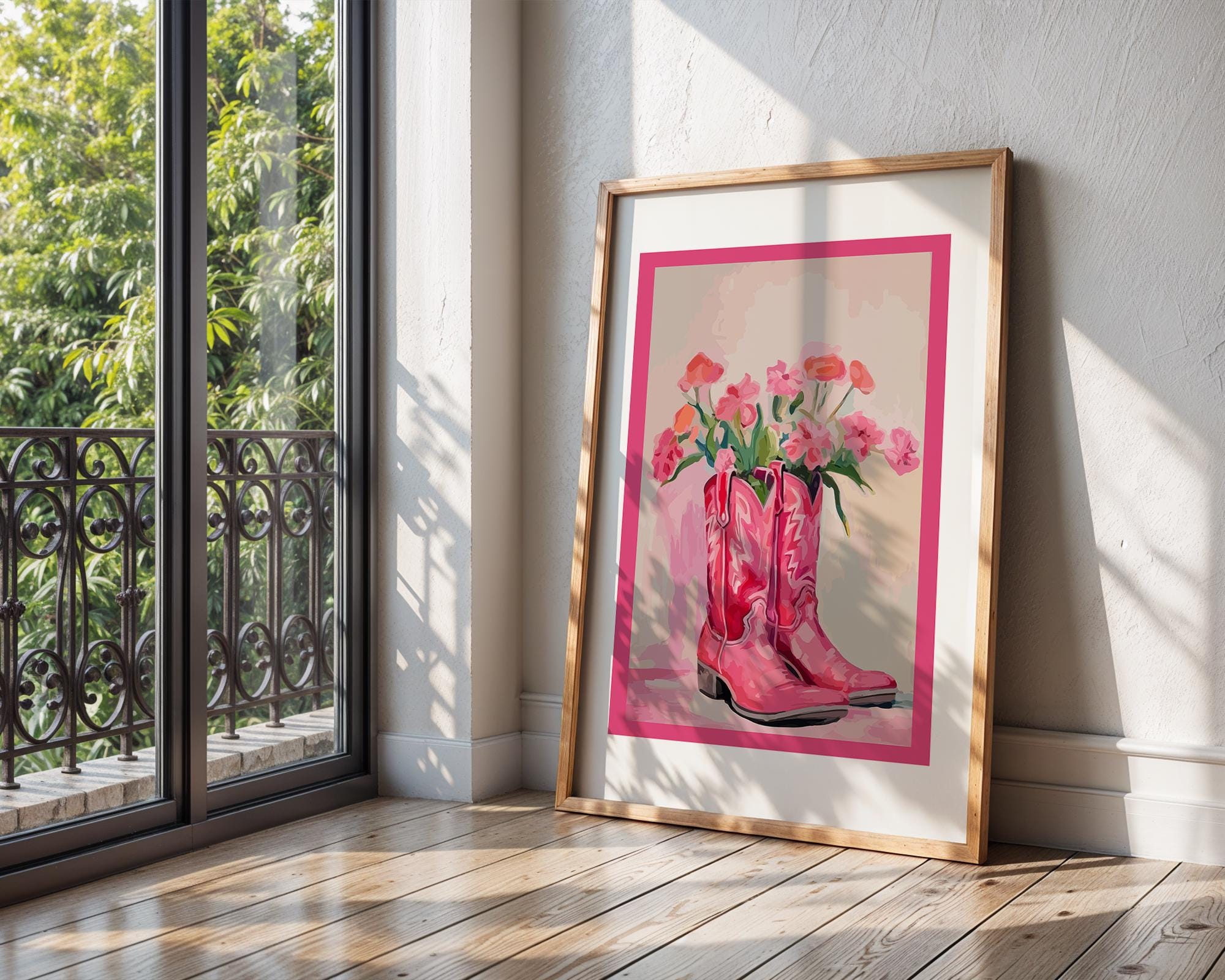 Pink Cowboy Boots Floral Print | Retro Western Wall Art wall art print, modern home decor, unframed artwork by Nomad & Nest