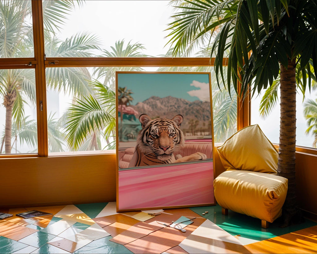 Tiger in Pink Convertible Print | Retro Palm Springs Wall Art wall art print, modern home decor, unframed artwork by Nomad & Nest