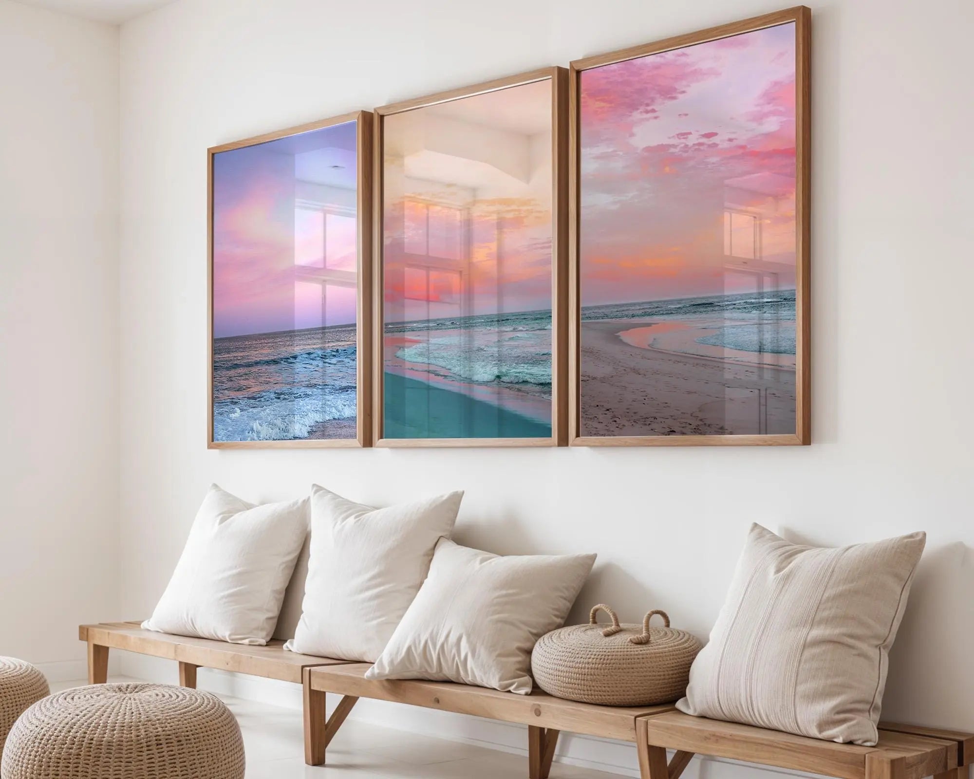 Colourful Prints | Pink Sunset Ocean Photography Print Set, Coastal Living Room Decor wall art print, modern home decor, unframed artwork by Nomad & Nest
