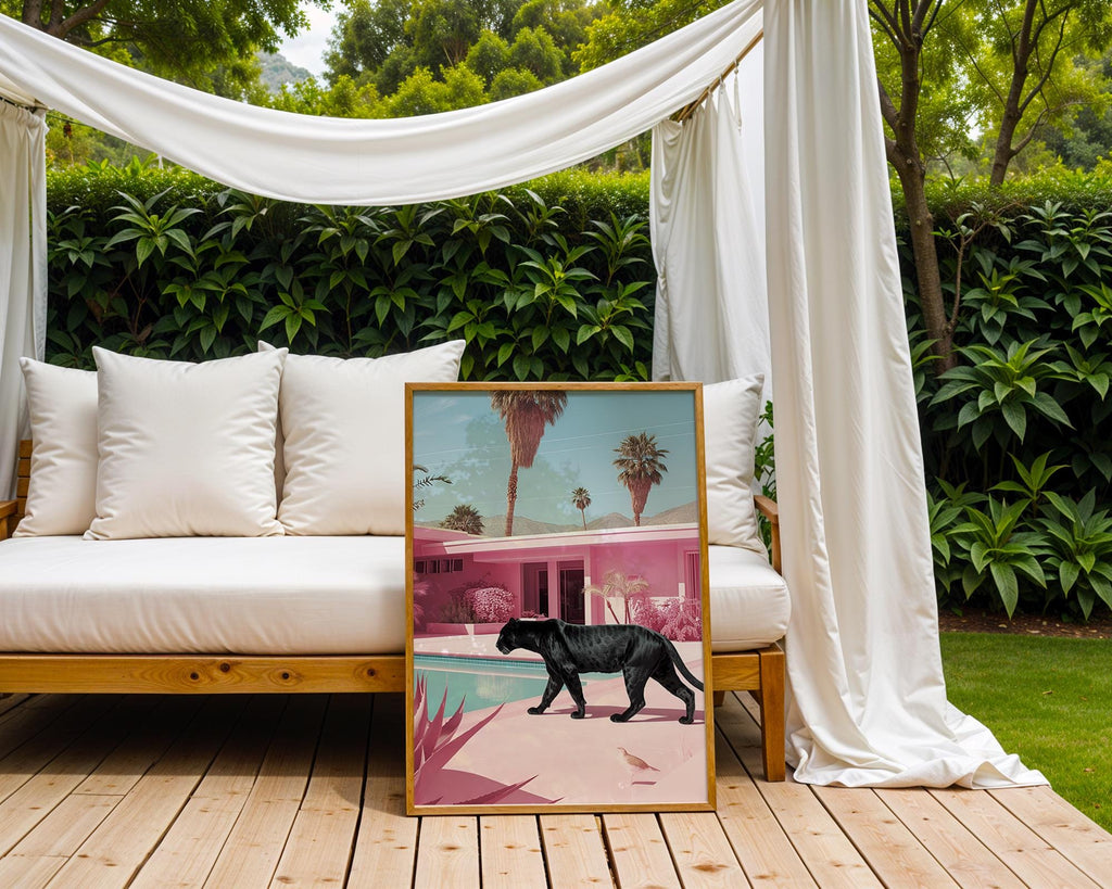 Colourful Prints | Panther Poolside Art Print | Retro Palm Springs, Tropical Pink wall art print, modern home decor, unframed artwork by Nomad & Nest