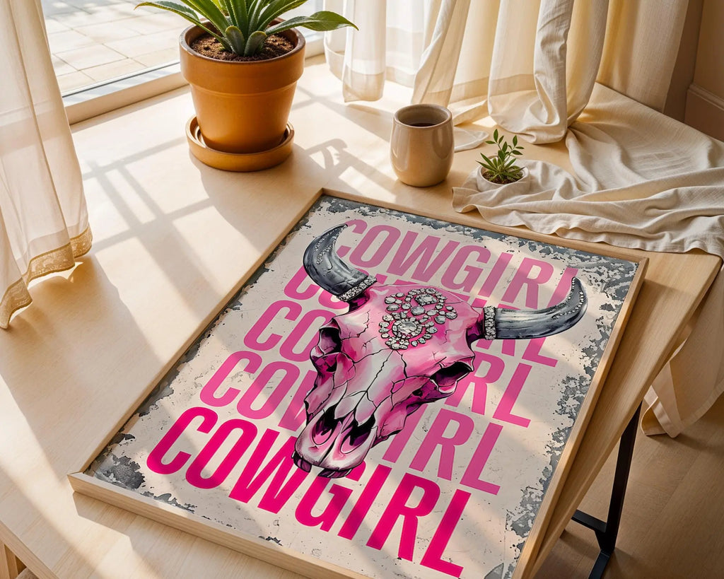 Pink Cowgirl Skull Art Print – Rhinestone Western Glam Decor wall art print, modern home decor, unframed artwork by Nomad & Nest