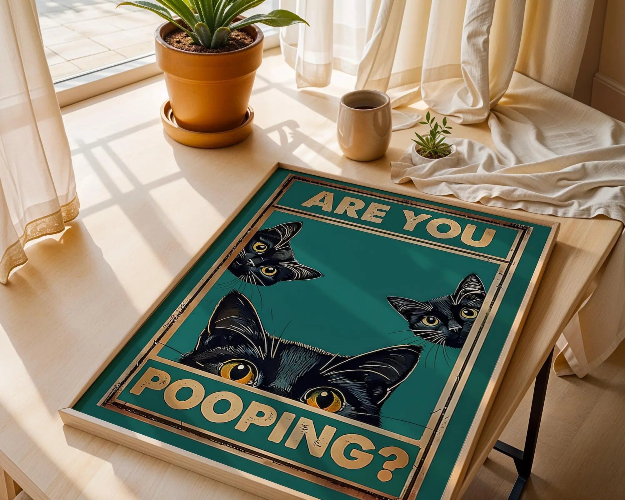 Funny Black Cat Bathroom Art Print | Quirky Pet Humor wall art print, modern home decor, unframed artwork by Nomad & Nest