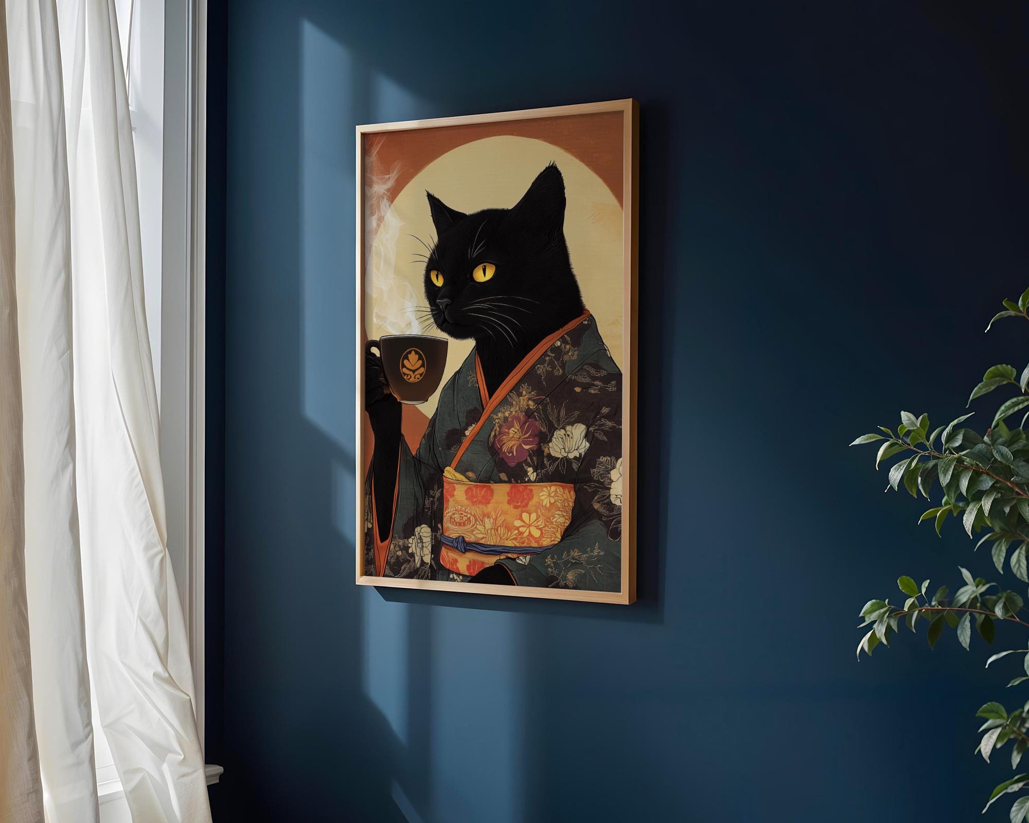 Japanese Poster | Black Cat Kimono Print – Coffee Lover Vintage Feline Art wall art print, modern home decor, unframed artwork by Nomad & Nest