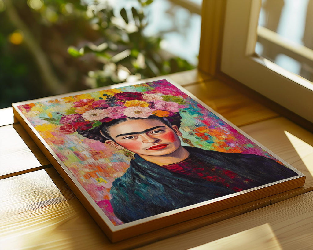 Frida Kahlo Portrait Print | Colourful Floral Crown, Impasto Texture wall art print, modern home decor, unframed artwork by Nomad & Nest