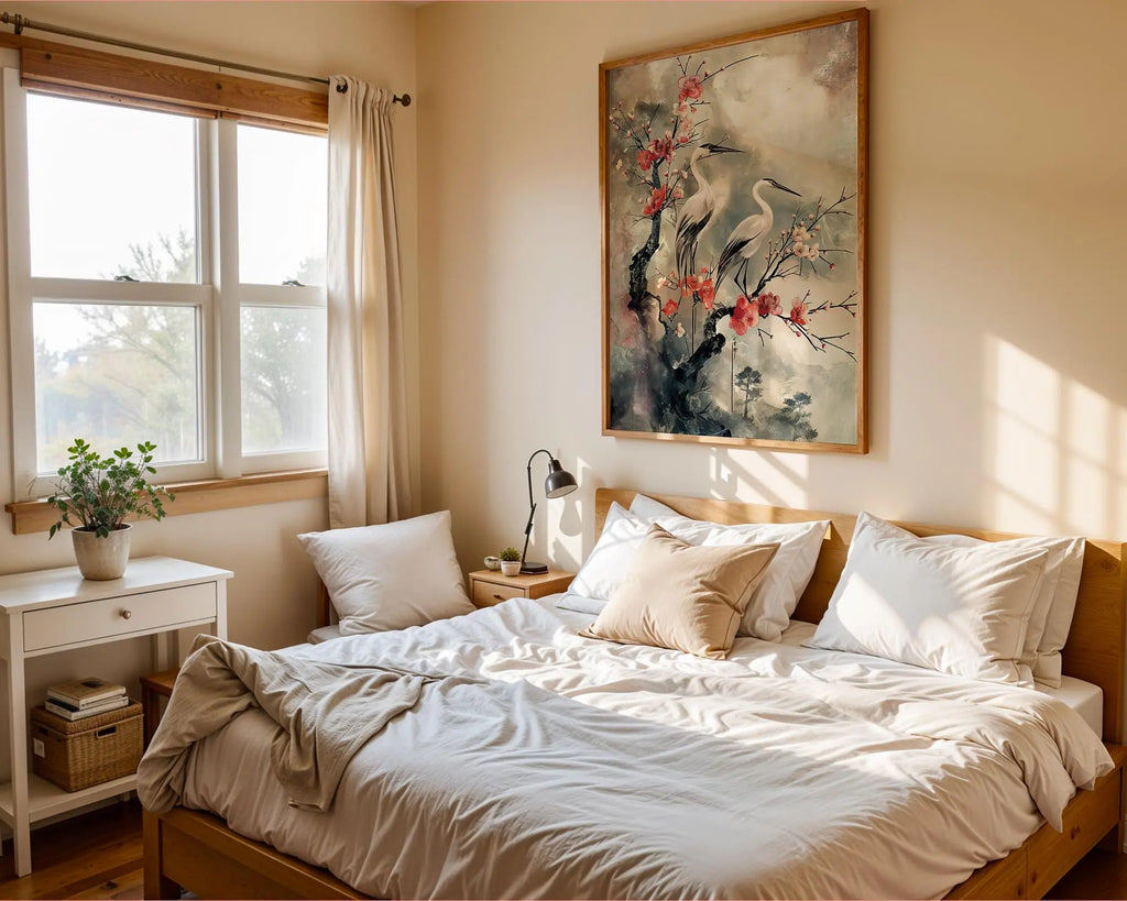 Oriental Crane Print | Japanese Bird & Blossom Wall Art wall art print, modern home decor, unframed artwork by Nomad & Nest