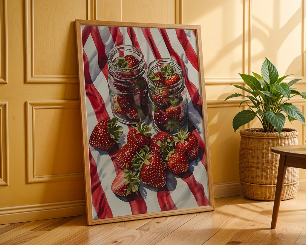 Colourful Prints | Strawberry Still Life Art Print | Summer Fruit Kitchen Decor wall art print, modern home decor, unframed artwork by Nomad & Nest