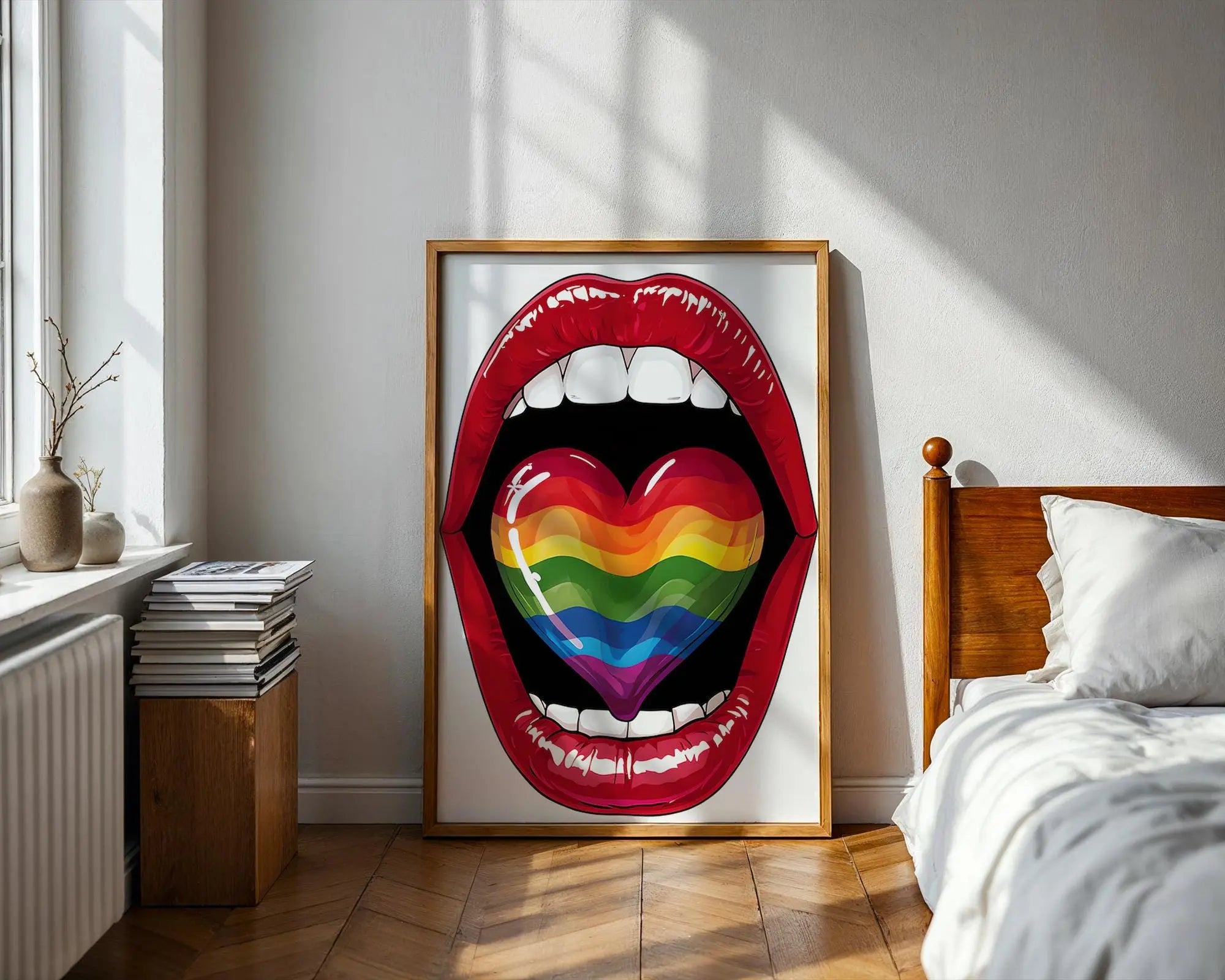 Positive Emotion | Rainbow Lips Wall Art | Pride Pop Art Print | Bold LGBTQ+ Statement Poster wall art print, modern home decor, unframed artwork by Nomad & Nest