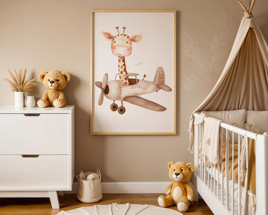 Playroom Ideas | Giraffe Airplane Nursery Print | Adventure Baby Decor wall art print, modern home decor, unframed artwork by Nomad & Nest