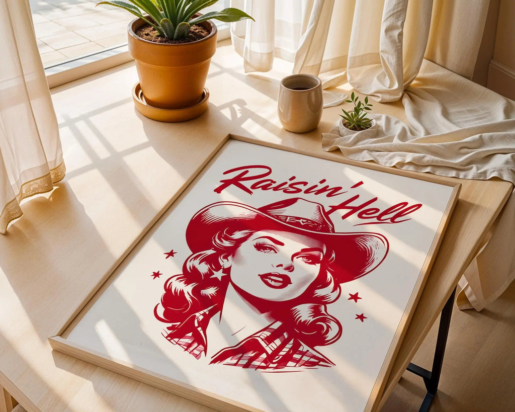 Positive Emotion | Raisin’ Hell Cowgirl Retro Art Print | Western Pin Up Cowgirl Wall Art wall art print, modern home decor, unframed artwork by Nomad & Nest
