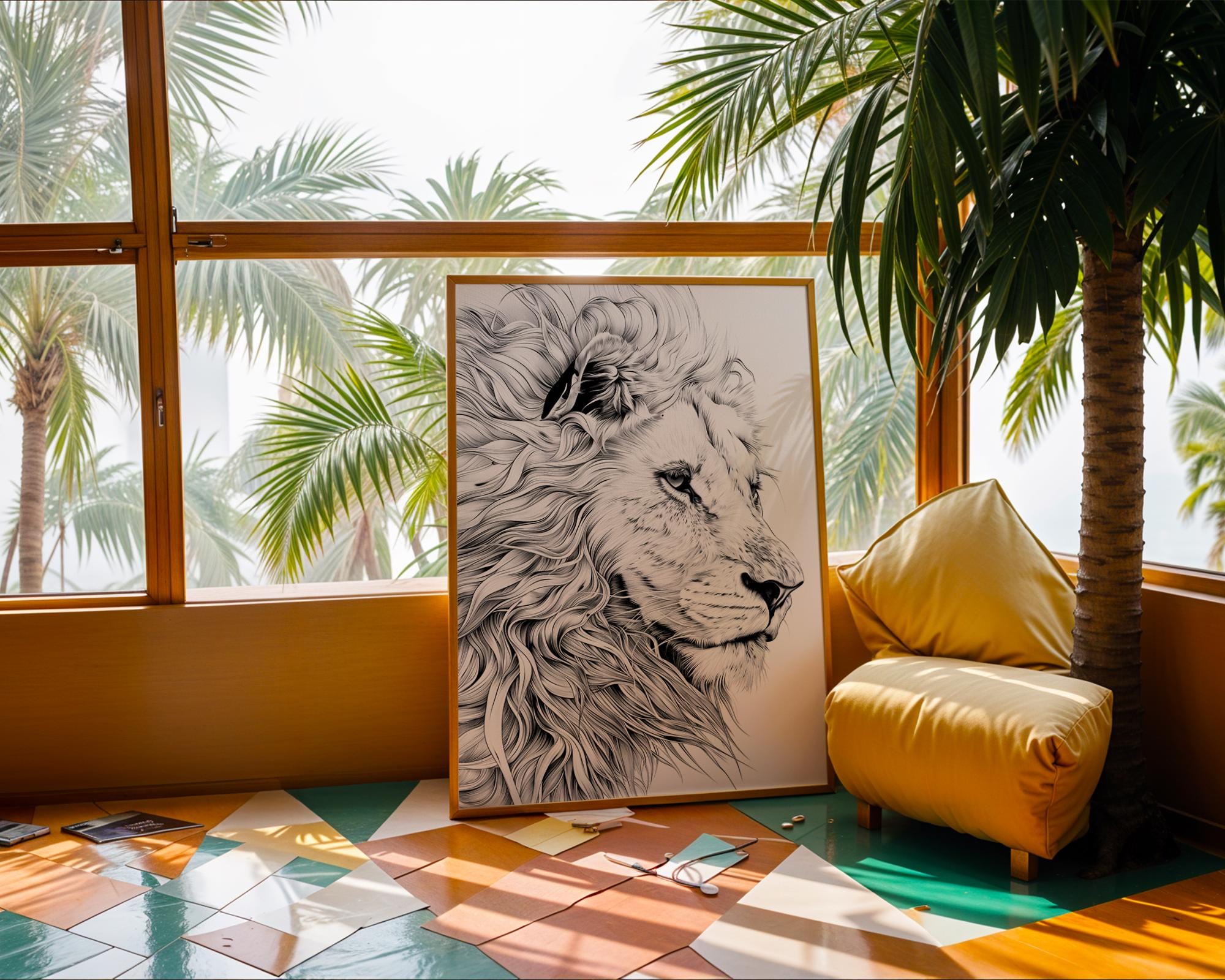 Lion Portrait Art Print | Black and White Safari Animal Illustration wall art print, modern home decor, unframed artwork by Nomad & Nest