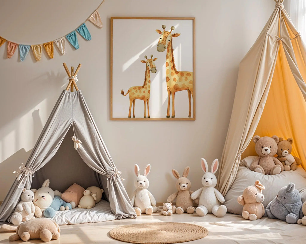 Playroom Ideas | Giraffe Nursery Wall Art | Safari Animal Mother Baby Print wall art print, modern home decor, unframed artwork by Nomad & Nest
