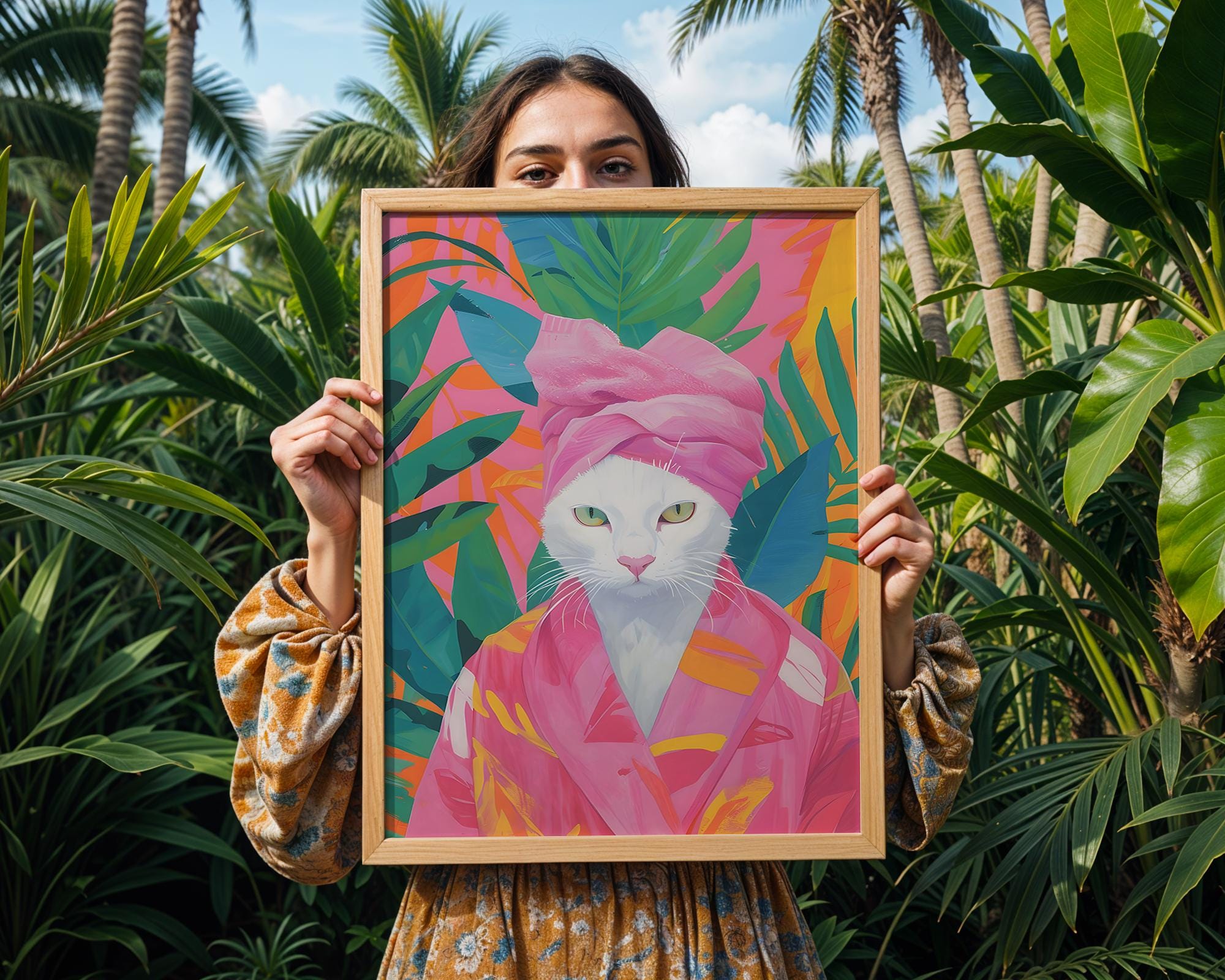 Colourful Prints | Funny Cat Print | Tropical Bathroom Art, Spa Day Poster wall art print, modern home decor, unframed artwork by Nomad & Nest
