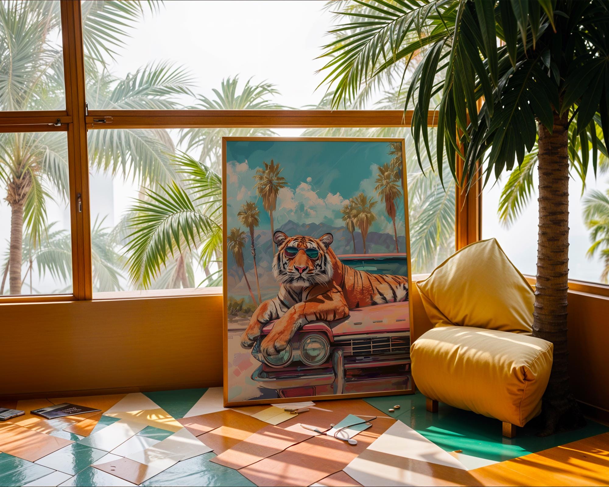 Colourful Prints | Sunglass Tiger Cadillac Print | Retro Tropical Wall Art wall art print, modern home decor, unframed artwork by Nomad & Nest