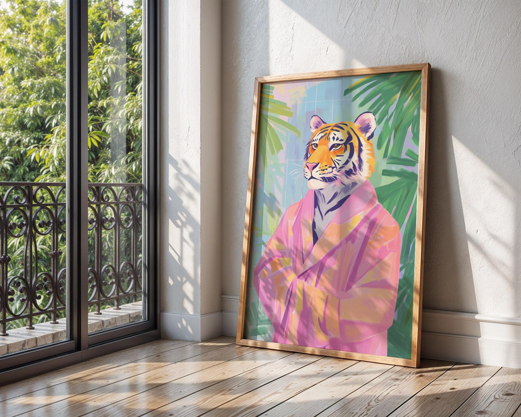 Tiger in Pink Robe Art Print | Whimsical Jungle Animal Poster wall art print, modern home decor, unframed artwork by Nomad & Nest