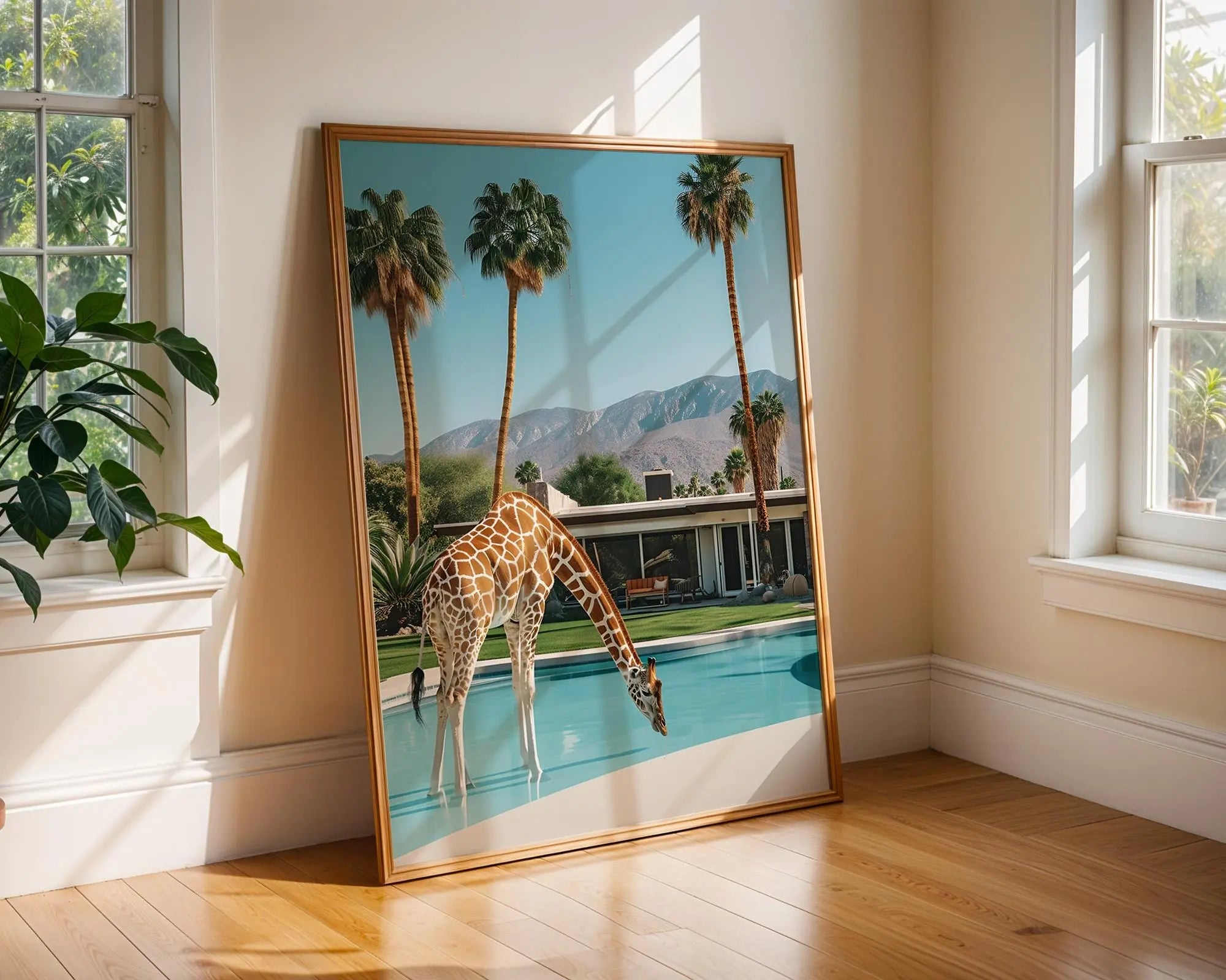Colourful Prints | Giraffe Pool Art Print | Retro Palm Springs Decor wall art print, modern home decor, unframed artwork by Nomad & Nest